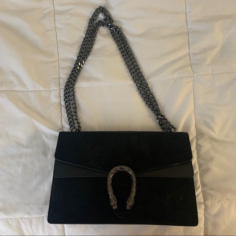 black suede flap bag